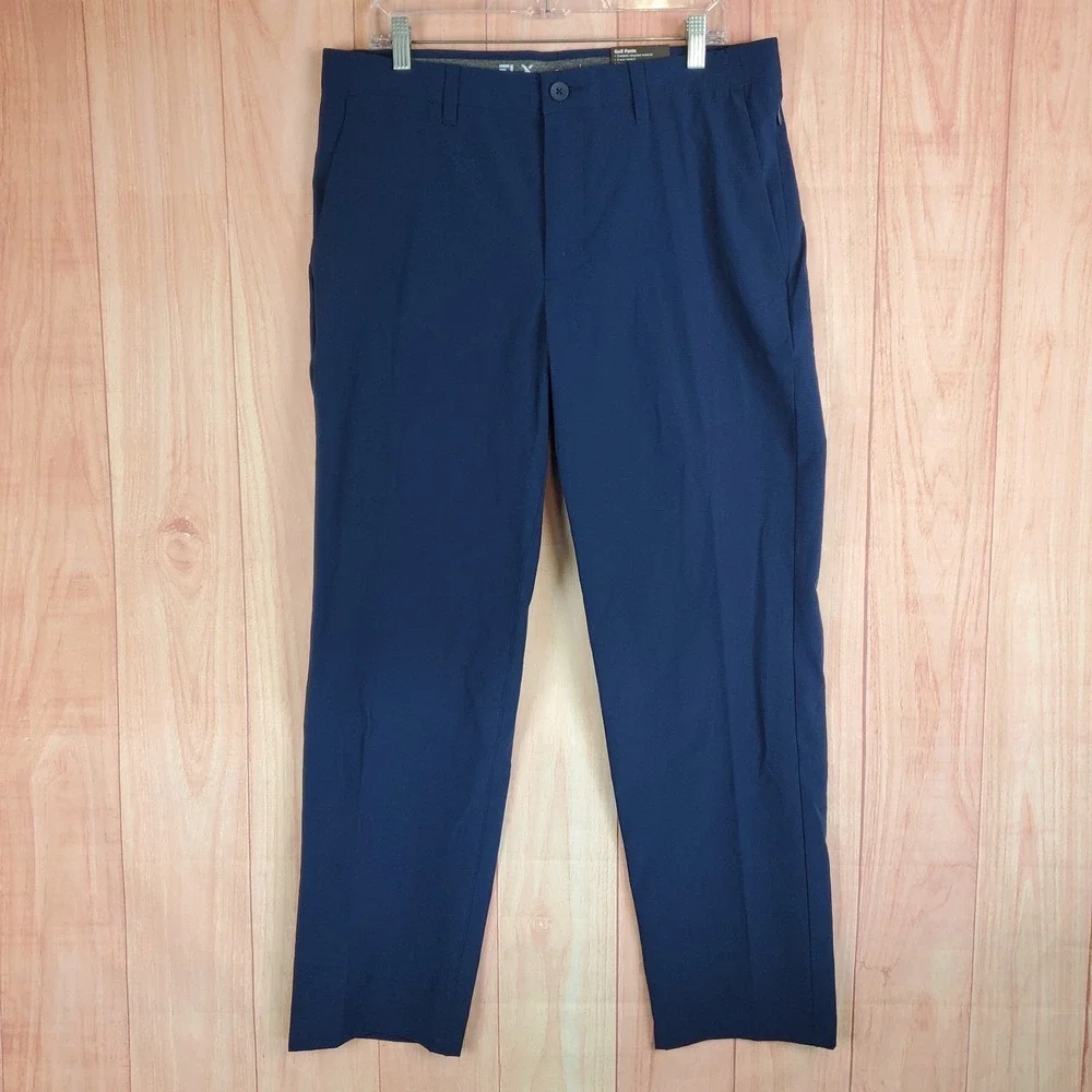 FLX Mens Golf Pants Sz 34 34X32 True Navy Blue Polyester Stretch Slash Pockets